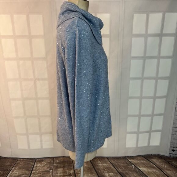 Chico's Gray Fold-Over Cowl Neck Sequined Pullover Sweater Size Large - Picture 4 of 11